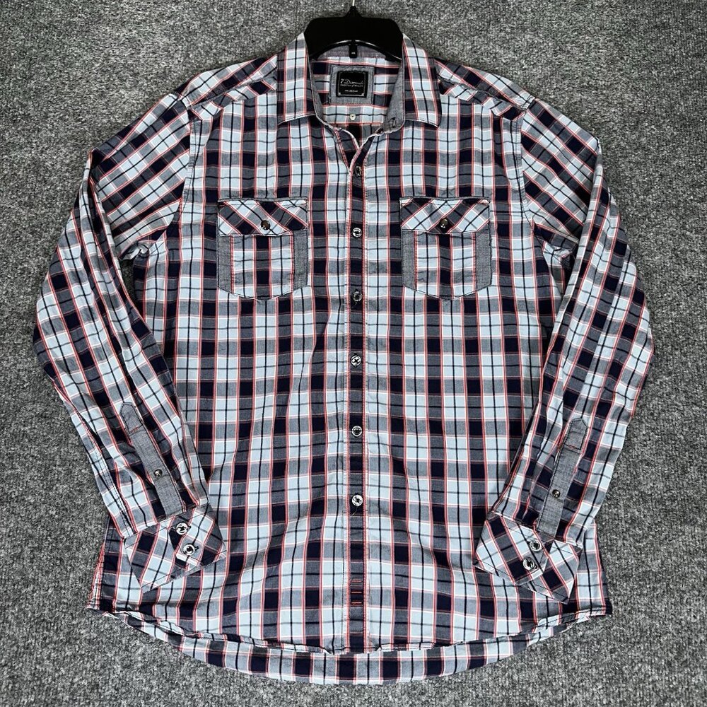 7 Diamonds Shirt Men Large Blue Plaid Long Sleeve Button Up Casual Pockets Adult